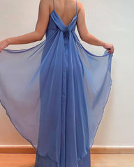 Spaghetti Straps Blue Chiffon Sheath Long Prom Dresses J2747