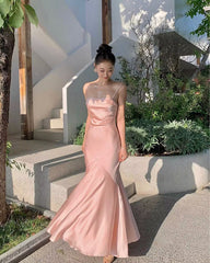 Spaghetti Straps Pink Mermaid Satin Long Prom Dresses J2749