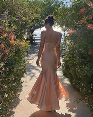 Spaghetti Straps Pink Mermaid Satin Long Prom Dresses J2749