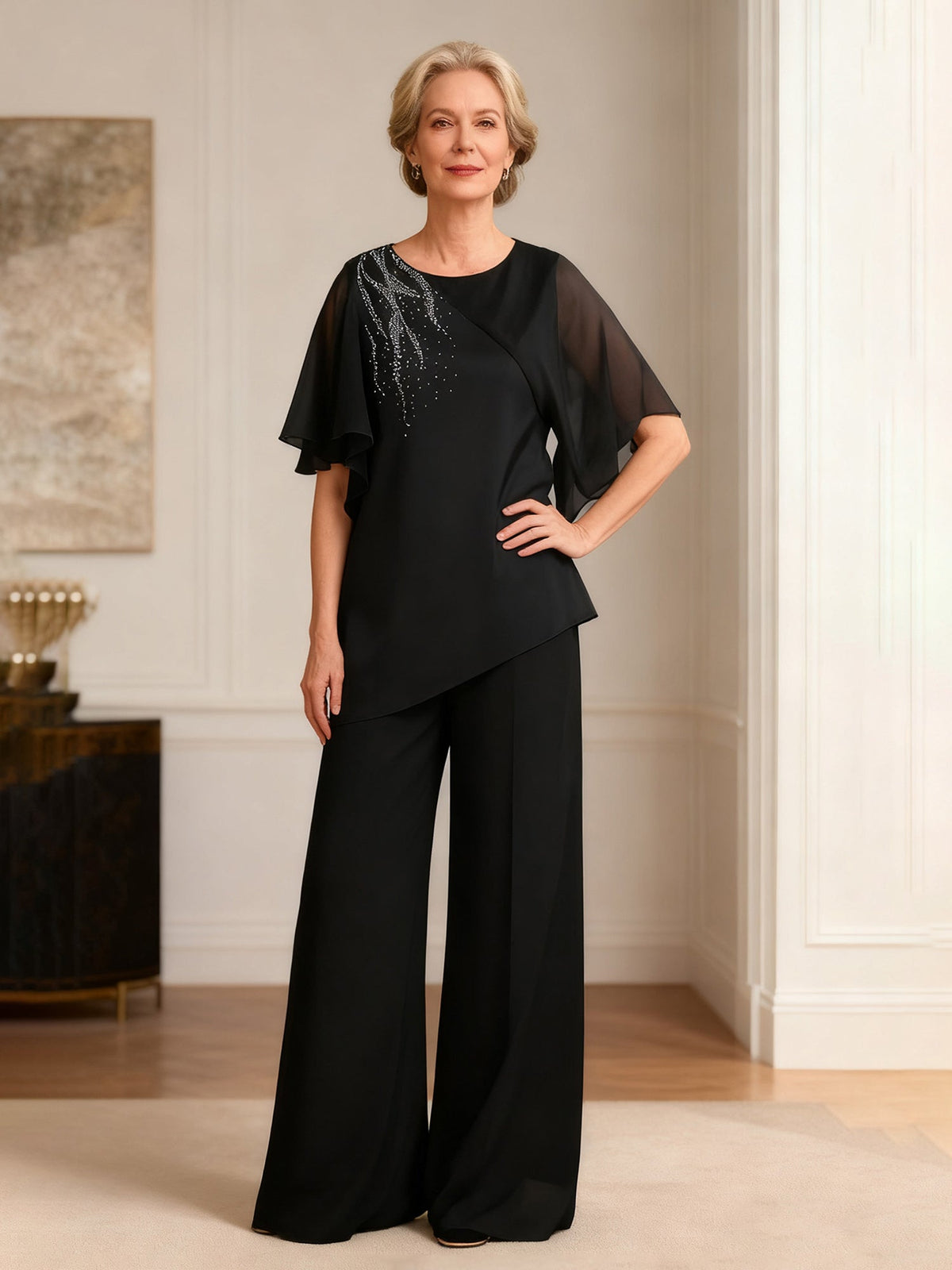 Asymmetrical Hem Formal Top and Wide Leg Trouser Black
