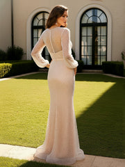 Mock Neck Mermaid Dress with Sheer Puff Sleeves Champagne