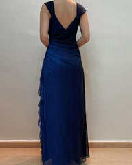 V Neck Navy A Line Long Prom Dresses With Ruffles J2752