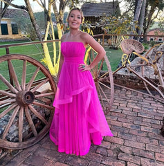 Strapless Hot Pink A Line Tulle Long Prom Dresses J2756