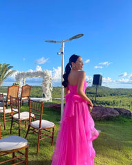 Strapless Hot Pink A Line Tulle Long Prom Dresses J2756