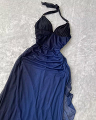 Halter Navy A Line Ruffled Long Prom Dresses J2758
