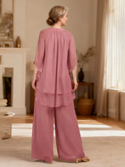 Layered Chiffon Poncho Top and Wide Leg Pant Suit Cinnamon Rose