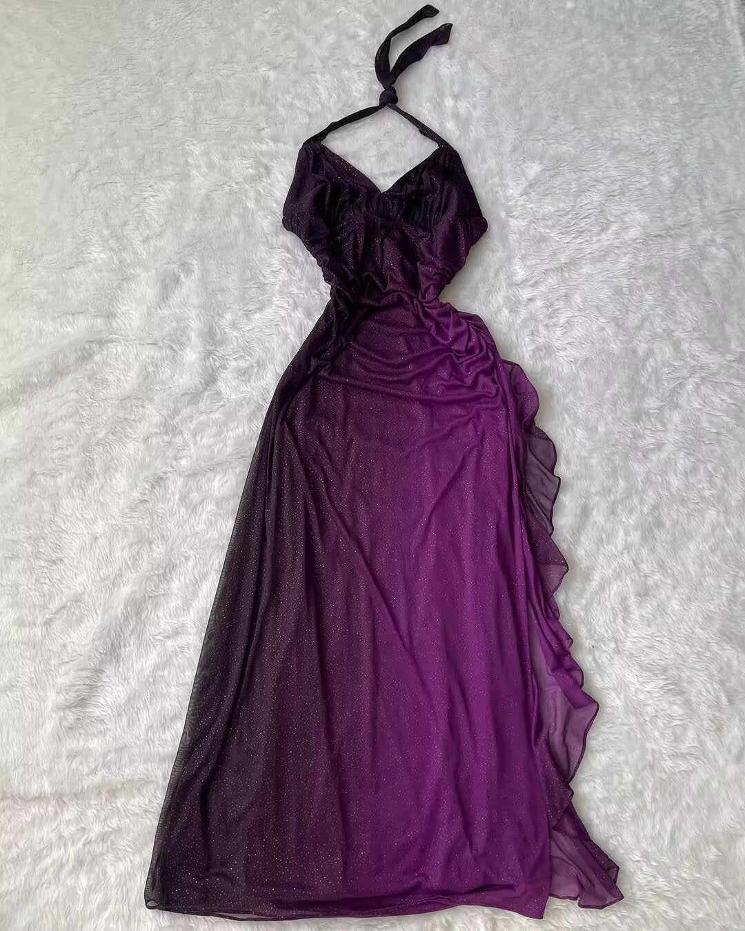Halter Purple A Line Long Ruffled Prom Dresses J2761