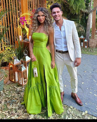 Strapless Lemon Green Long Prom Dress With Slit  J2762