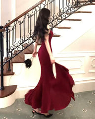 Spaghetti Straps Burgundy Mermaid Long Prom Dresses J2766