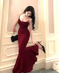 Spaghetti Straps Burgundy Mermaid Long Prom Dresses J2766