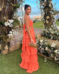 Strapless Orange Layered A Line Long Prom Dress J2870