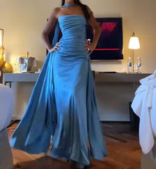 Strapless Blue A Line Satin Long Prom Dress Formal Party Dress J2877