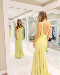 V Neck Yellow Mermaid Long Prom Dresses J2828