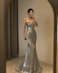 Spaghetti Straps Silver Mermaid Long Prom Dresses J2829