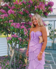 Strapless Sheath Lilac Chiffon Ruffled Prom Dresss J2848