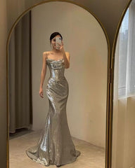 Spaghetti Straps Silver Mermaid Long Prom Dresses J2829