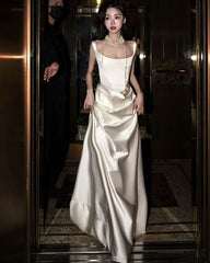 French Style White Satin A Line Elegant Prom Dress J2843