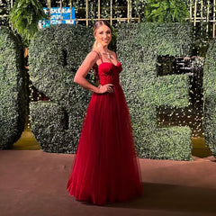 Spaghetti Straps Red Tulle A Line Long Prom Dress J2838