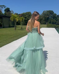 Strapless A Line Green Tulle Long Prom Dresses J2827