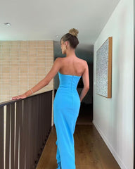 Strapless Blue Sheath Ruffled Prom Dress J2857