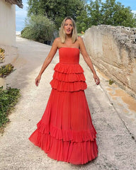 Strapless A Line Layered Red Prom Dress J2867