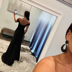 Applique Off The Shoulder Black Mermaid Long Prom Dresses With Slit J2822