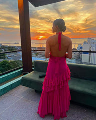Halter Hot Pink A Line Ruffled Long Prom Dress J2805