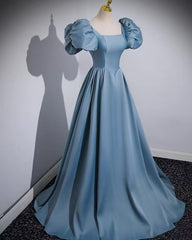 Blue A Line Short Sleeves Cute Prom Dress  J2796