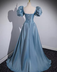 Blue A Line Short Sleeves Cute Prom Dress  J2796