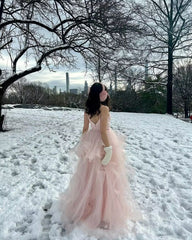 Pink A Line Tulle Long Prom Dress Sweet Party Dress J2773