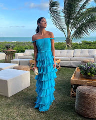 Off The Shoulder Blue A Line Layered Long Prom Dresses J2774