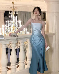 Spaghetti Straps Gradient Blue Mermaid Long Prom Dresses J2775