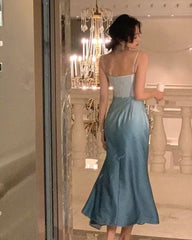 Spaghetti Straps Gradient Blue Mermaid Long Prom Dresses J2775