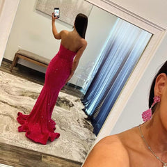 Rose Red Velvet Sequin Mermaid Evening Dress Long Prom Dresses J2777