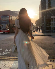 V Neck A Line White Chiffon Long Prom Dresses J2778