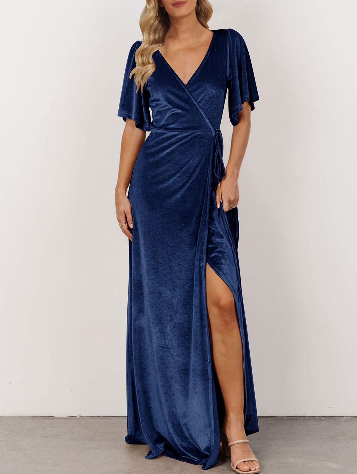 Navy Women's V Neck Wrap Velvet Maxi Dress Bell Sleeve Split Prom Dresses