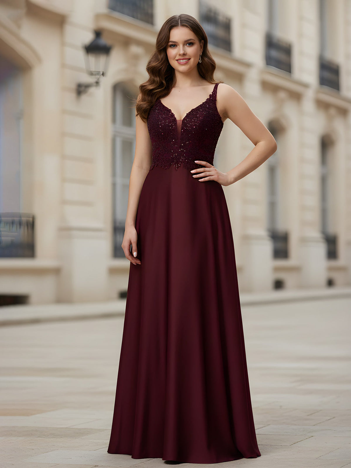 Sleeveless Lace Sequins A-Line Long Dress Burgundy