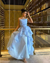 Strapless Blue A Line Ruffled Long Prom Dresses J2782