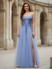 Spaghetti Straps Applique A-Line Tulle Dress With Slit Lavender