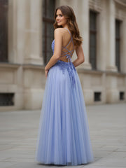 Spaghetti Straps Applique A-Line Tulle Dress With Slit Lavender