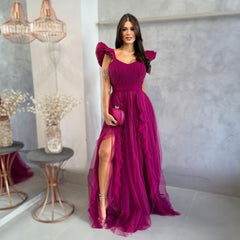 Fuchsia A Line Long Prom Dresses With Slit J2791