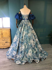 Blue A line satin long prom dress blue long evening dress