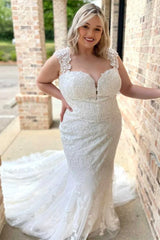 Lace Sweetheart Sheer Back Mermaid Long Wedding Dress