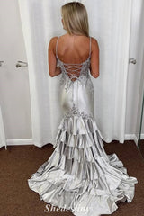 Silver Spaghetti Straps Mermaid Tiered Ruffles Prom Dress with Sequins