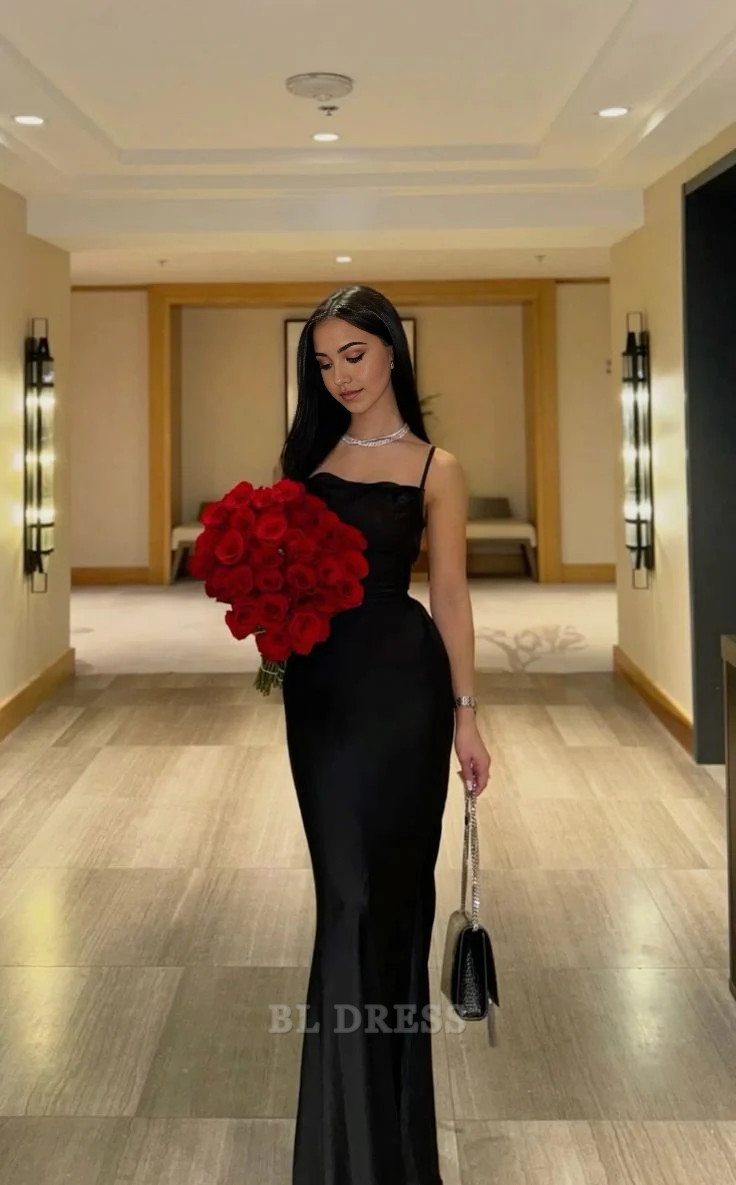 Sheath Spaghetti Straps Black Satin Long formal dresses Bridesmaid Dresses evening gown Prom Dress