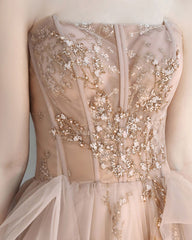 Champagne A line tulle lace long prom dress, champagne evening dress