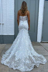 Strapless White Lace Trumpet Long Bridal Gown