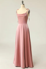 Peach Satin Square Neck Tying Straps Long Bridesmaid Dress