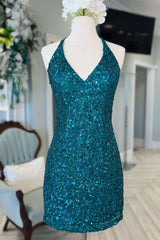 Gold Sequin V-Neck Cross-Back Short Homecoming Dress