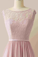 Blush Lace Sleeveless Backless Pleated Bridesmaid Dress